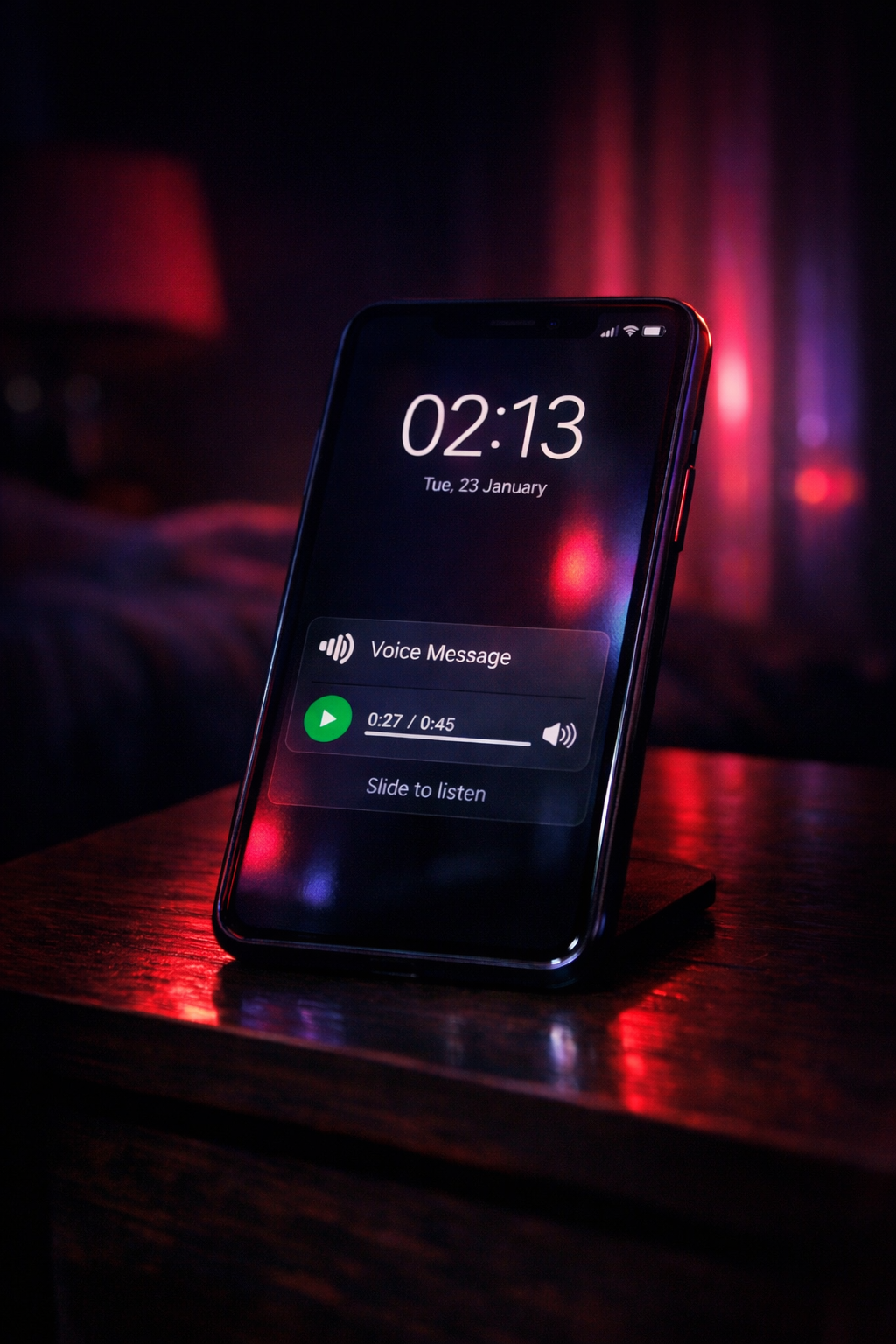 Teléfono en la penumbra mostrando audio a las 02:13