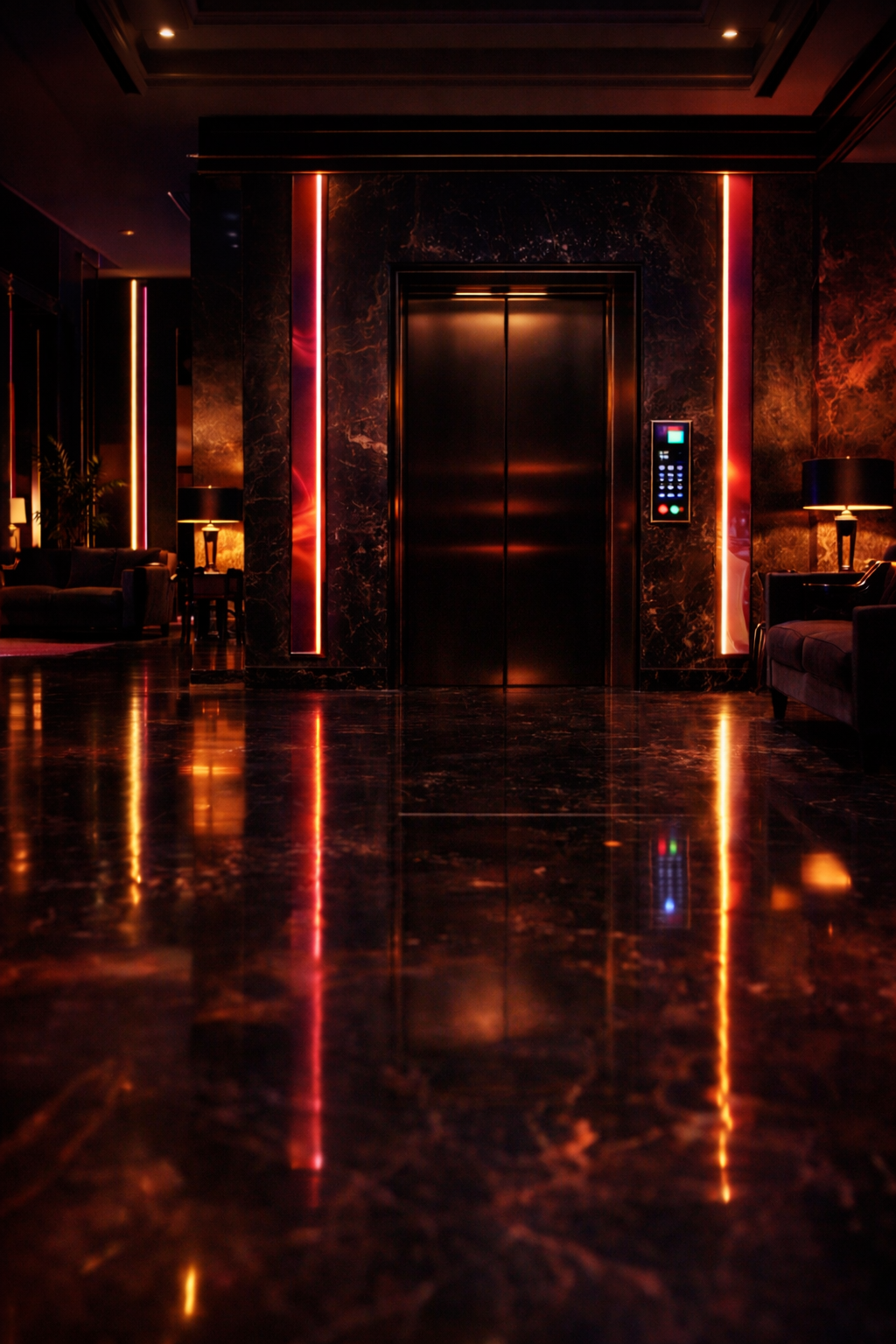 Lobby del hotel de noche, vacío, suelo de mármol