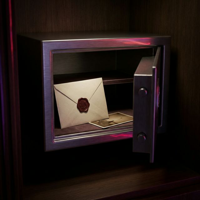 Caja fuerte abierta en penumbra — sobre de papel manila — fotografía boca abajo