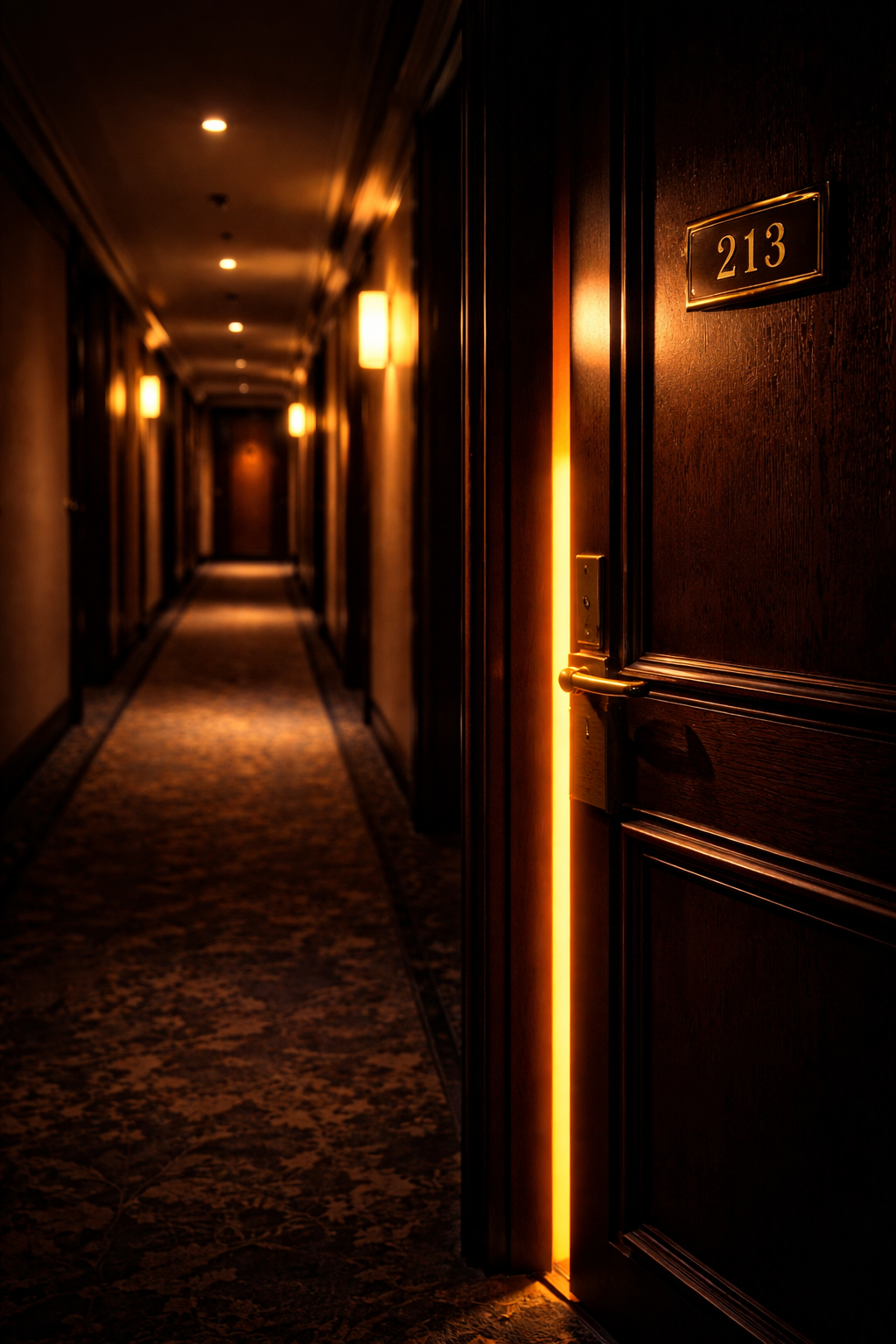 Pasillo del hotel de noche, puerta 213 al fondo con luz bajo la rendija